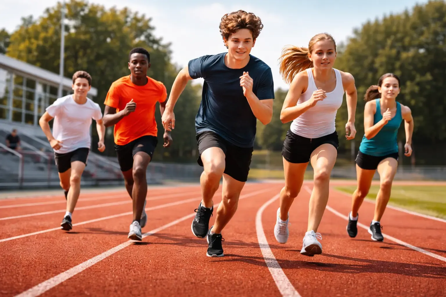 Schüler laufen beim Cooper Test auf der Tartanbahn – 12-Minuten-Lauftest im Schulsport