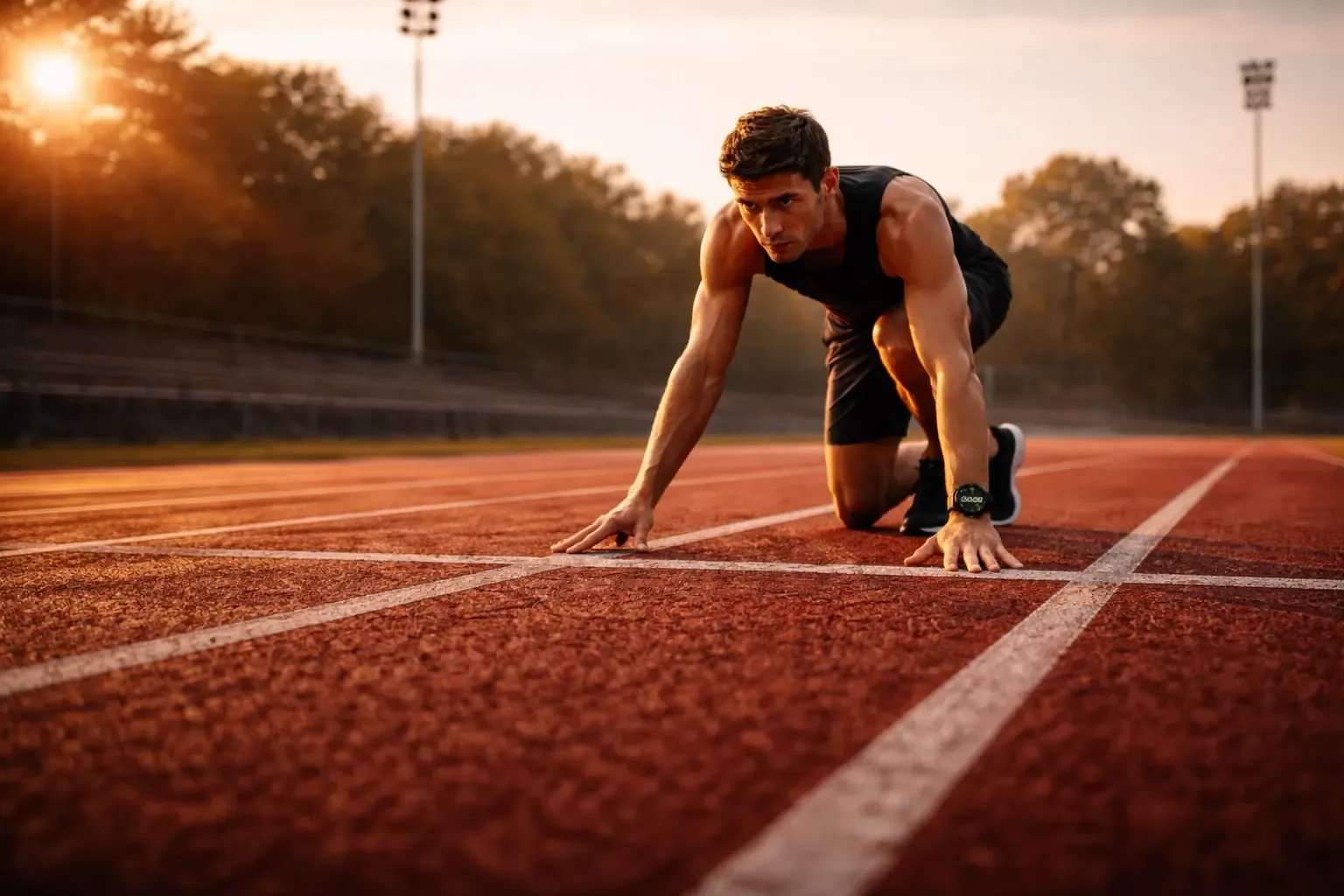 Läufer in Startposition auf der Tartanbahn – Vorbereitung für die korrekte Durchführung des Cooper Tests